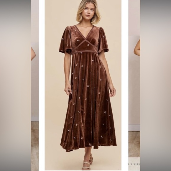 Dark Terracotta Floral Velvet Midi Dress - Picture 3 of 5